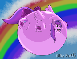 Size: 5000x3800 | Tagged: safe, artist:ollie puffs, imported from derpibooru, oc, oc:emilia starsong, balloon pony, inflatable pony, pegasus, pony, air inflation, belly, big belly, bingo wings, blimp, blue sky, body inflation, bow, cloud, female, floating, hoof heart, huge belly, impossibly large belly, inflated tail, inflated wings, inflation, latex, neck roll, open mouth, open smile, rainbow, round, rubber, sky, sky background, smiling, solo, spherical inflation, tail, tail bow, thighs, thunder thighs, underhoof, wings