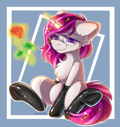 Size: 2120x2233 | Tagged: safe, alternate version, artist:yuris, imported from derpibooru, oc, oc:zew, pony, unicorn, clothes, commission, flower, frog (hoof), glasses, latex, latex socks, magic, magic aura, multiple variants, rose, simple background, sitting, smiling, socks, solo, telekinesis, underhoof