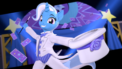 Size: 3840x2160 | Tagged: safe, artist:owlpirate, imported from derpibooru, trixie, pony, unicorn, 3d, 4k, bipedal, card, clothes, female, grin, hat, high res, hoof hold, looking at you, magic show, magic wand, mare, smiling, smiling at you, solo, source filmmaker, top hat, tuxedo