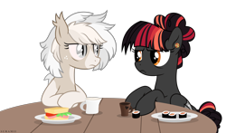 Size: 6826x4002 | Tagged: safe, artist:suramii, imported from derpibooru, oc, oc only, oc:cuddy, oc:night vision, pony, absurd resolution, duo, female, food, mare, sandwich, simple background, sushi, transparent background