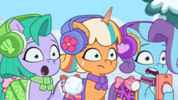 Size: 960x540 | Tagged: safe, imported from derpibooru, screencap, earth pony, pegasus, pony, unicorn, spoiler:g5, spoiler:my little pony: tell your tale, spoiler:tyts01e37, :o, animated, cellphone, earmuffs, female, filly, foal, g5, gif, glory (g5), my little pony: tell your tale, open mouth, peach fizz, phone, pinpoint eyes, pippsqueak trio, pippsqueaks, seashell (g5), shocked, shocked expression, smartphone, snow, snow pun intended, snowball, stunned, trio