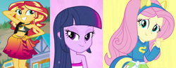 Size: 1370x531 | Tagged: safe, imported from derpibooru, screencap, fluttershy, sunset shimmer, twilight sparkle, equestria girls, equestria girls (movie), equestria girls series, forgotten friendship, beach shorts swimsuit, beautiful, cropped, fake ears, fake tail, fall formal outfits, female, lidded eyes, sunset shimmer swimsuit, sunset shimmer's beach shorts swimsuit, trio, trio female, waifu, wondercolts uniform