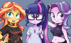 Size: 1307x800 | Tagged: safe, artist:k-nattoh, imported from derpibooru, sci-twi, starlight glimmer, sunset shimmer, twilight sparkle, human, equestria girls, belly button, bust, choker, clothes, cutie mark accessory, cutie mark necklace, female, glasses, jewelry, midriff, necklace, open mouth, smiling, spiked choker, spiked wristband, trio, trio female, wristband