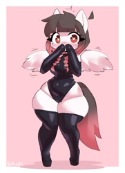 Size: 850x1177 | Tagged: safe, artist:borvar, imported from derpibooru, oc, oc:arwencuack, anthro, pegasus, adorasexy, blushing, bodysuit, clothes, cute, embarrassed, sexy, solo, thicc thighs, thick, wide hips, wingding eyes, wings