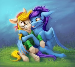 Size: 3338x3000 | Tagged: safe, artist:klarapl, imported from derpibooru, oc, oc only, oc:brackets, earth pony, pegasus, pony, :p, bandana, clothes, cute, duo, earth pony oc, floppy ears, friendship, glasses, grass, hug, male, pegasus oc, shirt, sitting, smiling, stallion, tongue out, winghug, wings