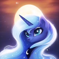 Size: 2560x2560 | Tagged: safe, imported from derpibooru, princess luna, alicorn, pony, abstract background, ai content, ai generated, bust, cute, female, generator:novelai, generator:stable diffusion, high res, horn, jewelry, looking at you, mare, moon, night, night sky, portrait, prompter:endless--, regalia, sky, smiling, smiling at you, solo