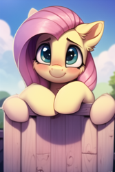 Size: 512x768 | Tagged: safe, imported from derpibooru, fluttershy, pegasus, pony, ai content, ai generated, blue sky, blushing, cloud, cute, fence, funny, generator:novelai, generator:stable diffusion, looking at you, machine learning generated, nai diffusion furry beta v1.3, prompter:emilia starsong, shyabetes, solo, wat