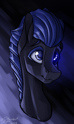 Size: 2400x4000 | Tagged: safe, artist:stardustspix, imported from derpibooru, oc, oc only, oc:disthene, earth pony, pony, abstract background, black coat, blue eyes, blue mane, bust, earth pony oc, glowing, high res, male, portrait, prosthetic eye, prosthetics, solo, stallion, sternocleidomastoid