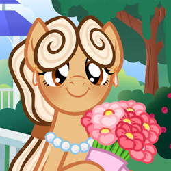 Size: 3000x3000 | Tagged: safe, artist:seasemissary, imported from derpibooru, oc, oc only, oc:spring onions, pony, bouquet of flowers, female, flower, mare, solo, tree