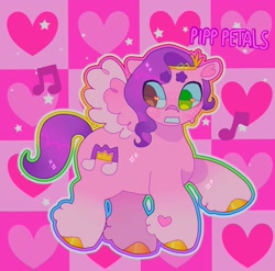 Size: 1440x1424 | Tagged: safe, artist:ariariari.png, imported from derpibooru, pipp petals, pegasus, pony, colored hooves, crown, februpony, g5, heart, heart eyes, heterochromia, jewelry, music notes, regalia, solo, wingding eyes