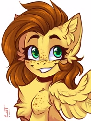 Size: 1200x1600 | Tagged: safe, artist:falafeljake, imported from derpibooru, oc, oc only, oc:yuris, pegasus, pony, chest fluff, cute, ear fluff, eyebrows, female, freckles, grin, mare, ocbetes, pegasus oc, signature, simple background, smiling, solo, white background, wings