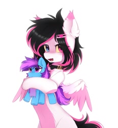 Size: 1258x1357 | Tagged: safe, artist:lerkfruitbat, imported from derpibooru, oc, oc only, oc:lunylin, oc:nohra, pegasus, pony, collar, ear fluff, female, heterochromia, holding, looking at you, mare, open mouth, pegasus oc, plushie, pony plushie, signature, simple background, solo, spread wings, white background, wings