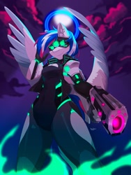 Size: 1620x2160 | Tagged: safe, artist:hakkids2, imported from derpibooru, oc, oc only, anthro, pegasus, armor, ear fluff, ears, feathered wings, female, full moon, goggles, halo, laser, moon, multicolored hair, night, night sky, night vision goggles, nostrils, pegasus wings, science fiction, short hair, sky, smiling, smirk, snout, solo, spread wings, wings
