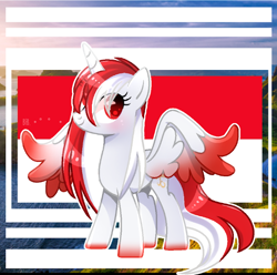 Size: 640x636 | Tagged: safe, artist:diniarvegafinahar, imported from derpibooru, oc, oc only, oc:indonisty, alicorn, pony, colored wings, eye clipping through hair, female, flag, gradient hooves, gradient wings, indonesia, mare, nation ponies, ponified, solo, wings