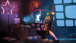 Size: 1920x1080 | Tagged: safe, imported from derpibooru, twilight sparkle, alicorn, pony, 3d, alternate hairstyle, animated, chair, computer, cyberpunk, cyberpunk 2077, dark room, food, loop, music, neon, neon sign, pizza, punklight sparkle, retro, solo, sound, source filmmaker, trash, twilight sparkle (alicorn), webm