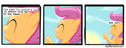 Size: 720x275 | Tagged: safe, edit, edited screencap, imported from ponybooru, screencap, scootaloo, pegasus, flight to the finish, a softer world, comic, mother's day, screencap comic, smiling, solo, text