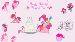 Size: 1920x1080 | Tagged: safe, artist:_ton618_, artist:algoatall, artist:anonymous, artist:hattsy, artist:ponconcarnal, artist:vultraz, pinkie pie, earth pony, human, pony, /pnk/, aggie.io, birthday, butt, cake, candle, cupcake, eyes closed, food, fork, hand, happy, hat, heart, heart eyes, hug, knife, licking, open mouth, party hat, pink background, plot, salivating, simple background, smiling, text, tongue out, wingding eyes