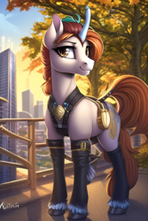 Size: 512x768 | Tagged: safe, imported from derpibooru, kirin, unicorn, ai content, ai generated, autumn, city, clothes, fence, generator:novelai, generator:stable diffusion, nai diffusion furry beta v1.3, prompter:emilia starsong, solo, tree