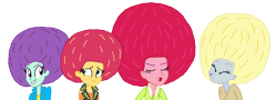 Size: 5432x1956 | Tagged: safe, artist:bigpurplemuppet99, imported from derpibooru, blueberry pie, derpy hooves, raspberry fluff, sunset shimmer, equestria girls, afro, simple background, the muffins, transparent background