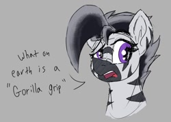 Size: 967x688 | Tagged: safe, artist:reddthebat, imported from derpibooru, oc, oc only, oc:zerø, zebra, bust, dialogue, eyebrows, female, gray background, mare, raised eyebrow, simple background, solo, zebra oc