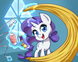 Size: 1200x960 | Tagged: safe, artist:empyu, imported from derpibooru, rarity, pony, unicorn, cute, fabric, female, filly, filly rarity, glowing, glowing horn, horn, magic, measuring tape, open mouth, raribetes, scissors, sewing needle, solo, telekinesis, thread, younger