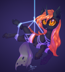 Size: 2722x2980 | Tagged: safe, artist:jsunlight, imported from derpibooru, oc, oc only, oc:teen spirit, changeling, pony, bondage, changeling oc, commission, looking at you, orange changeling, rope, rope bondage, shibari, signature, solo