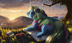 Size: 1437x860 | Tagged: safe, artist:lemurlemurovich, imported from derpibooru, breezie, pegasus, unicorn, apple, food, leaves, mountain, scenery, tree, wing blanket, winghug, wings