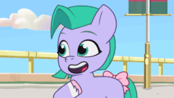 Size: 960x540 | Tagged: safe, imported from derpibooru, screencap, earth pony, pony, spoiler:g5, spoiler:my little pony: tell your tale, spoiler:tyts01e07, animated, bow, clip trot, eyes closed, female, filly, foal, g5, gif, my little pony: tell your tale, open mouth, pippsqueaks, seashell (g5), singing, smiling, solo, tail, tail bow