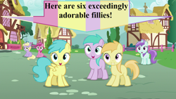 Size: 1280x720 | Tagged: safe, edit, edited screencap, imported from derpibooru, screencap, dinky hooves, liza doolots, noi, petunia, rainy feather, ruby pinch, tootsie flute, secrets and pies, aura (g4), aurabetes, captain obvious, caption arrow, cute, dinkabetes, noiabetes, pinchybetes, rainybetes, text, tootsie cute