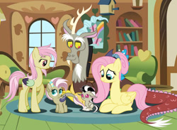 Size: 1045x765 | Tagged: safe, artist:elainanat, imported from derpibooru, discord, fluttershy, oc, draconequus, hybrid, pegasus, pony, discoshy, family, female, fluttershy's cottage, interspecies offspring, male, mare, offspring, parent:discord, parent:fluttershy, parents:discoshy, shipping, straight