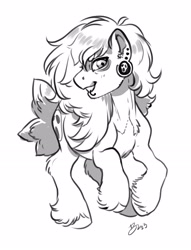 Size: 2730x3579 | Tagged: safe, artist:opalacorn, imported from derpibooru, oc, oc only, earth pony, pony, commission, ear piercing, earring, grayscale, grin, jewelry, lip piercing, monochrome, piercing, rearing, simple background, smiling, solo, white background