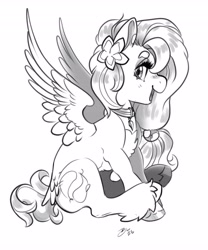 Size: 3409x4096 | Tagged: safe, artist:opalacorn, imported from derpibooru, oc, oc only, pegasus, pony, chest fluff, choker, female, flower, flower in hair, grayscale, looking at you, mare, monochrome, open mouth, open smile, simple background, sitting, smiling, smiling at you, solo, spread wings, tail, tail feathers, unshorn fetlocks, white background, wings