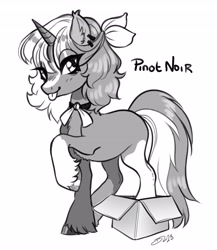 Size: 3550x4096 | Tagged: safe, artist:opalacorn, imported from derpibooru, oc, oc only, oc:pinot noir, pony, unicorn, cardboard box, coat markings, commission, grayscale, looking at you, monochrome, ribbon, simple background, solo, tongue out, unshorn fetlocks, white background