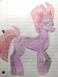 Size: 2432x3232 | Tagged: safe, artist:dust, derpibooru exclusive, imported from derpibooru, fizzlepop berrytwist, tempest shadow, pony, unicorn, adult blank flank, blank flank, colored, colored pencil drawing, concave belly, eye scar, facial scar, female, lined paper, looking at you, mare, no armor, pencil drawing, scar, scared, shading, shading practice, slim, smiling, solo, thin, traditional art