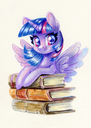 Size: 853x1200 | Tagged: safe, artist:maytee, imported from derpibooru, twilight sparkle, alicorn, pony, book, bust, colored pencil drawing, cream background, female, looking at you, mare, portrait, simple background, smiling, solo, spread wings, that pony sure does love books, traditional art, twilight sparkle (alicorn), wings