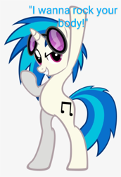 Size: 300x437 | Tagged: safe, artist:likonan, edit, imported from derpibooru, dj pon-3, vinyl scratch, pony, unicorn, bipedal, caption, glasses, justin timberlake, looking at you, raised hooves, rock your body, solo, song reference, text