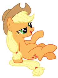 Size: 3000x4000 | Tagged: safe, artist:reginault, edit, editor:oathcharm, imported from derpibooru, vector edit, applejack, earth pony, pony, fall weather friends, absurd resolution, belly, belly edit, female, mare, open mouth, raised hoof, simple background, sitting, smiling, solo, transparent background, vector
