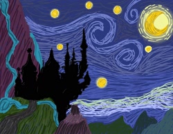 Size: 1600x1244 | Tagged: safe, artist:graphven, imported from derpibooru, canterlot, cloud, fine art parody, moon, mountain, no pony, scenery, sky, starry night, stars, the starry night, vincent van gogh