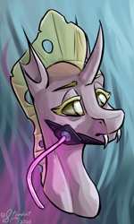 Size: 2400x4000 | Tagged: safe, artist:stardustspix, imported from derpibooru, oc, oc only, oc:apocrita, changeling, abstract background, bags under eyes, bust, changeling oc, fangs, female, glowing, high res, horn, lidded eyes, portrait, solo, tube, yellow eyes