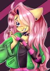 Size: 1451x2048 | Tagged: safe, artist:pozya1007, imported from derpibooru, fluttershy, anthro, pegasus, black nail polish, choker, clothes, cute, draw this in your style, dtiys emoflat, ear piercing, earring, evening gloves, female, fingerless elbow gloves, fingerless gloves, gloves, grin, hair over one eye, hands together, jacket, jewelry, long gloves, mare, piercing, shyabetes, smiling, solo, spiked choker, striped gloves