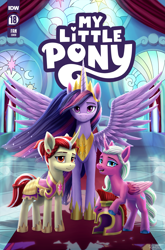 Size: 2167x3288 | Tagged: safe, artist:robsa990, idw, imported from derpibooru, opaline arcana, twilight sparkle, oc, oc:garnet flare, alicorn, pony, unicorn, the last problem, armor, castle, comic book, crown, curved horn, fan cover, female, g5, height difference, helmet, hoof shoes, horn, i can't believe it's not idw, jewelry, mare, older, older twilight, peytral, princess shoes, princess twilight 2.0, regalia, royal guard, royal guard armor, smiling, spread wings, standing, tall, throne room, twilight sparkle (alicorn), wings, younger