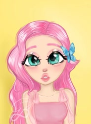 Size: 720x976 | Tagged: safe, artist:gisbelleart, imported from derpibooru, fluttershy, human, equestria girls, bust, butterfly hairpin, female, human coloration, humanized, solo