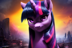 Size: 600x400 | Tagged: safe, imported from derpibooru, twilight sparkle, pony, unicorn, ai content, ai generated, city, detailed, generator:stable diffusion, post-apocalyptic, sky, smiling, solo, television