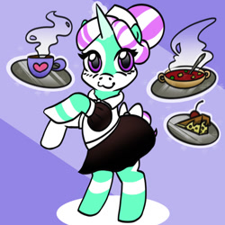 Size: 894x894 | Tagged: safe, artist:markskvader, imported from derpibooru, oc, oc only, unicorn, cake, cake slice, clothes, coffee, food, oc name needed, socks, solo, soup, striped socks