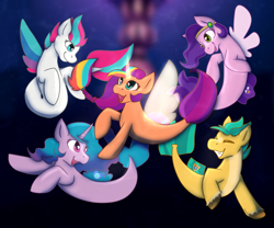 Size: 1800x1500 | Tagged: safe, artist:clairacub, imported from derpibooru, hitch trailblazer, izzy moonbow, pipp petals, sunny starscout, zipp storm, alicorn, earth pony, pegasus, pony, seapony (g4), unicorn, bubble, digital art, dorsal fin, eyes closed, female, fin, fin wings, fins, fish tail, flowing mane, flowing tail, g5, glowing, glowing horn, green eyes, happy, horn, male, mane five (g5), mare, mermay, ocean, open mouth, open smile, pink eyes, seaponified, seapony hitch trailblazer, seapony izzy moonbow, seapony pipp petals, seapony sunny starscout, seapony zipp storm, seaquestria, smiling, species swap, stallion, swimming, tail, underwater, water, wings