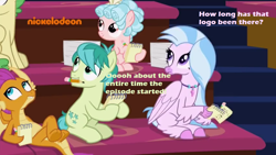 Size: 1248x703 | Tagged: safe, edit, edited screencap, imported from derpibooru, screencap, cozy glow, huckleberry, sandbar, silverstream, smolder, classical hippogriff, dragon, earth pony, hippogriff, pegasus, pony, what lies beneath, bench, breaking the fourth wall, colored hooves, crossed legs, duo focus, friendship student, jewelry, logo, looking up, mouth hold, necklace, nickelodeon, notepad, pencil, text