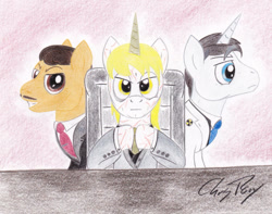 Size: 1024x807 | Tagged: safe, artist:thechrispony, imported from derpibooru, oc, oc only, oc:goldenblood, oc:mr. horse, oc:trottenheimer, pony, unicorn, fallout equestria, fallout equestria: project horizons, antagonist, chair, clothes, facial hair, fanfic art, male, moustache, radiation sign, scar, stallion, suit, traditional art