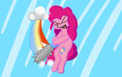 Size: 2552x1606 | Tagged: safe, artist:just loq, imported from derpibooru, pinkie pie, earth pony, pony, chainsaw, cloud, implied rainbow dash, lesbian ponies with weapons, open mouth, rainbow, sharp teeth, simple background, solo, teeth, vylet pony, xd