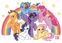 Size: 2048x1448 | Tagged: safe, artist:wormpuppet, imported from derpibooru, applejack, fluttershy, pinkie pie, rainbow dash, rarity, twilight sparkle, alicorn, earth pony, pegasus, pony, unicorn, applejack's hat, cowboy hat, female, flying, folded wings, group, hat, horn, looking at you, mane six, mare, one eye closed, rainbow, raised hoof, sextet, signature, simple background, smiling, smiling at you, spread wings, stars, twilight sparkle (alicorn), white background, wings, wink