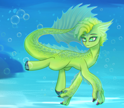 Size: 1500x1300 | Tagged: safe, artist:kiracatastic, imported from derpibooru, oc, oc only, hybrid, merpony, monster pony, pony, sea pony, bubble, claws, crepuscular rays, digital art, dorsal fin, fin, fish tail, flowing mane, flowing tail, green eyes, green mane, looking at you, male, ocean, rock, scales, smiling, smiling at you, solo, stallion, sunlight, swimming, tail, underwater, unshorn fetlocks, water